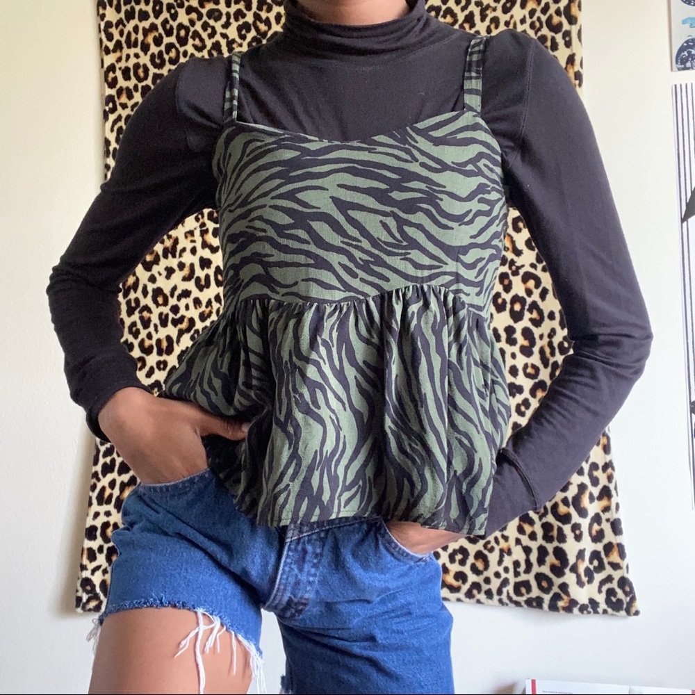 Hollister Green Zebra Print Babydoll Tank Top